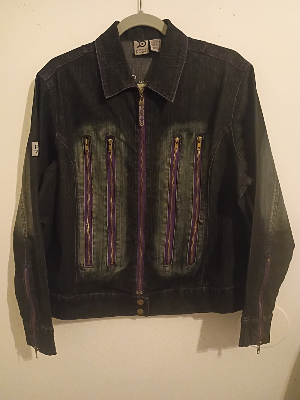 Platinum Edge Women's Black Denim Jacket with Purple Zippers Y2K Sz 14/16